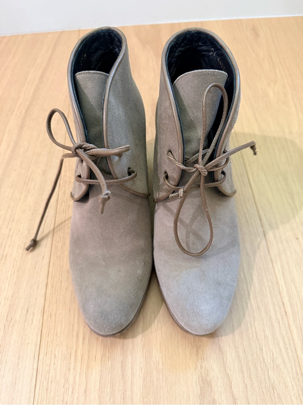 Stuart Weitzman Taupe Suede Lace-Up Wedge Booties